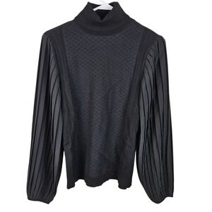 White House Black Market Sweater S Black Turtleneck Pleated Sleeve Knit‎